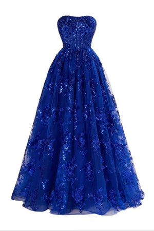 KissProm-Zara Royal Blue A Line Strapless Pleating Long Prom Dress With Applique