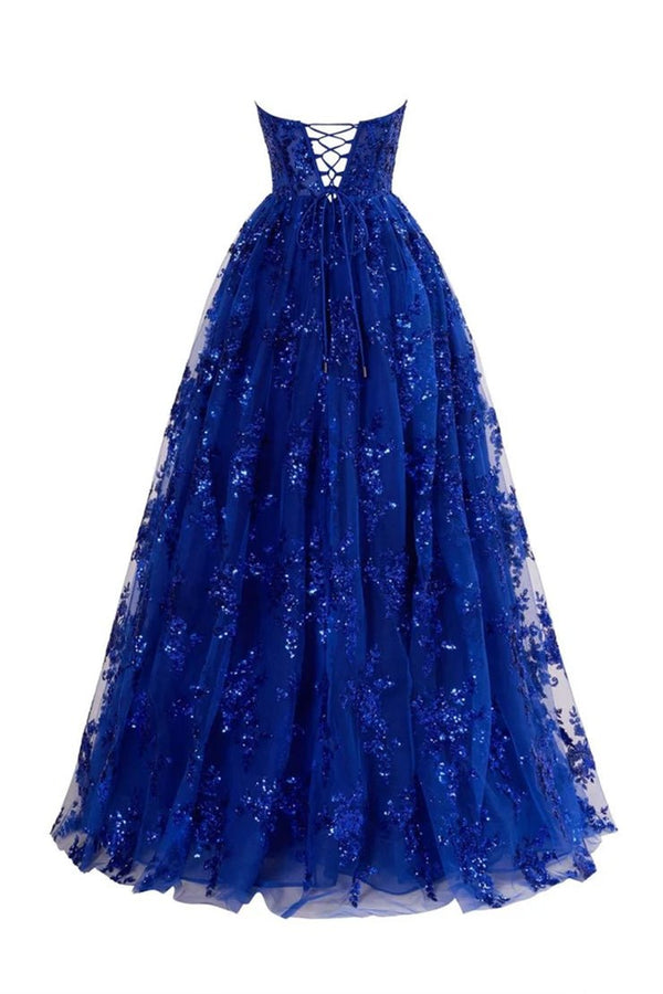 KissProm-Zara Royal Blue A Line Strapless Pleating Long Prom Dress With Applique
