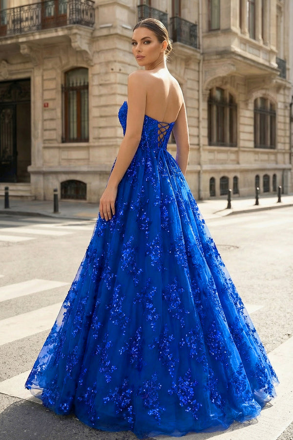 KissProm- Royal Blue - A Line Strapless Pleating Long Prom Dress With Applique