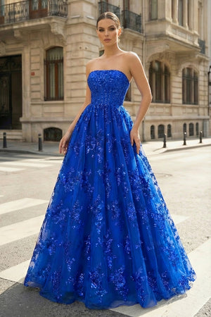 KissProm- Royal Blue - A Line Strapless Pleating Long Prom Dress With Applique