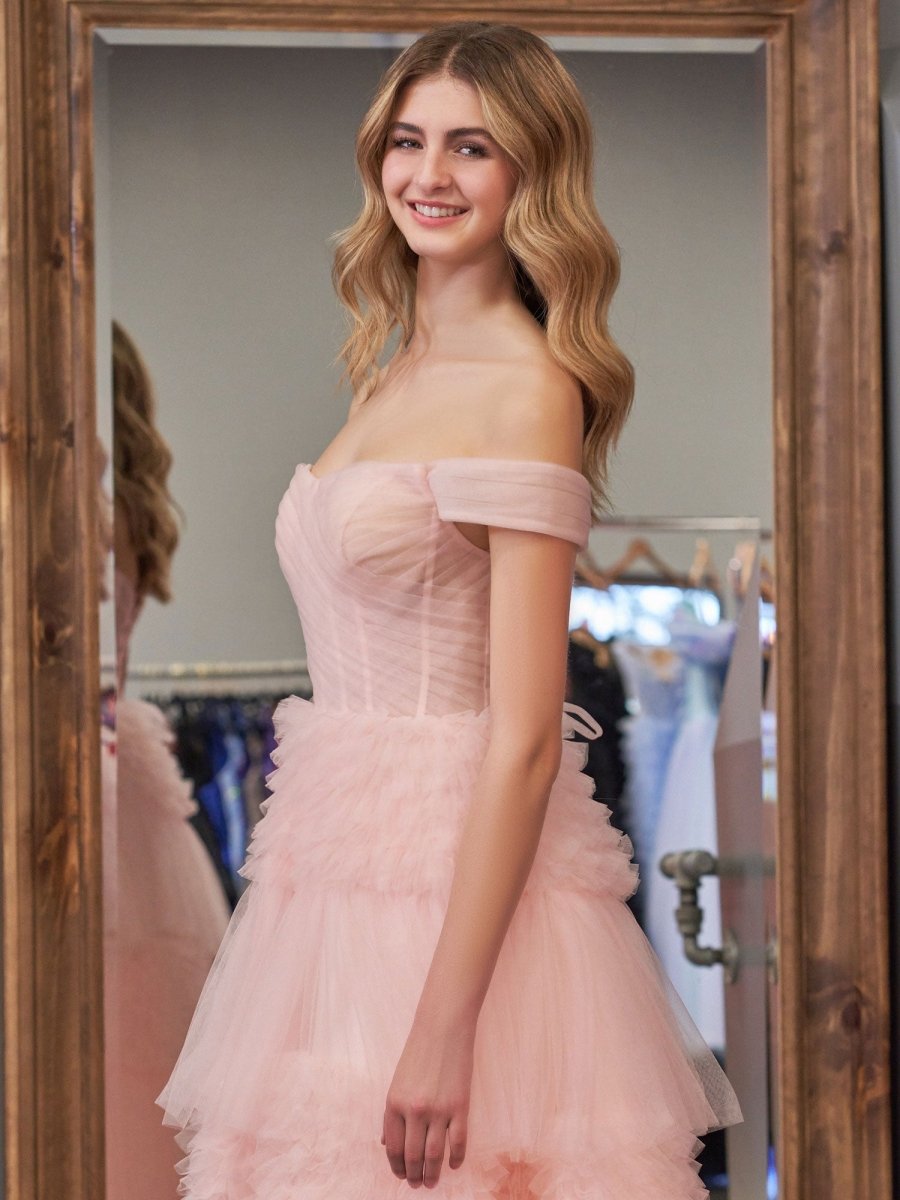 blush off the shoulder prom dress Amarra A-Line Long Ruffled Prom Ball Gown 88790 Blush Pink / 000