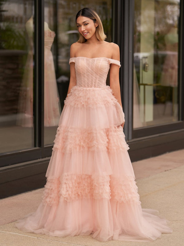 Zariah | Blush Princess A line Off Shoulder Ruffled Tulle Prom Dress