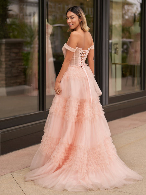 Zariah | Blush Princess A line Off Shoulder Ruffled Tulle Prom Dress