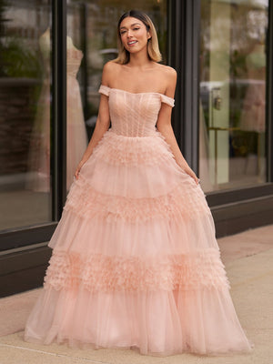 Zariah | Blush Princess A line Off Shoulder Ruffled Tulle Prom Dress
