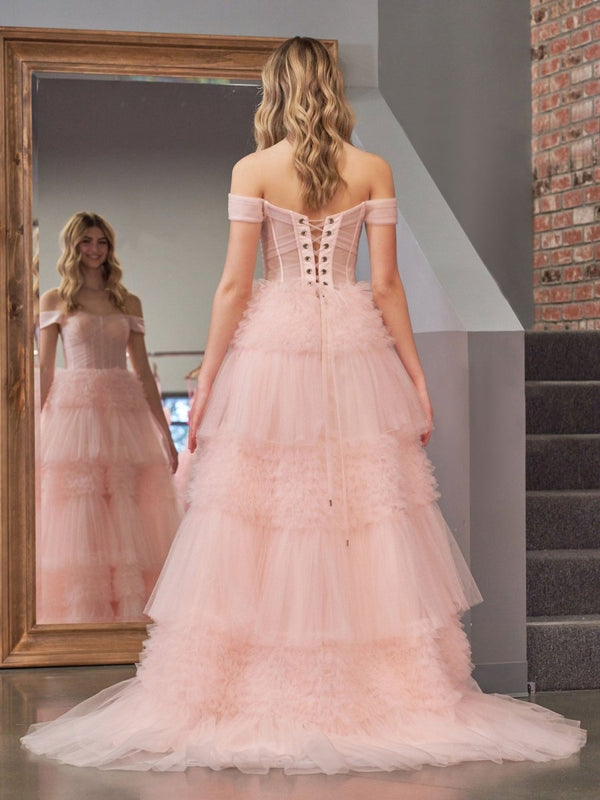 Zariah | Blush Princess A line Off Shoulder Ruffled Tulle Prom Dress