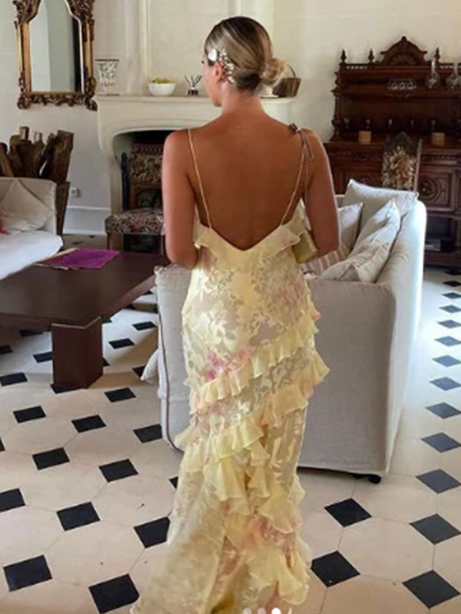 KissProm-Zaylee Yellow Spaghetti Straps Mermaid Long Prom Dress with Ruffles