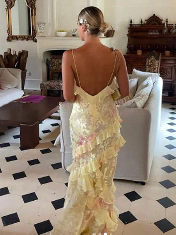 KissProm-Zaylee Yellow Spaghetti Straps Mermaid Long Prom Dress with Ruffles