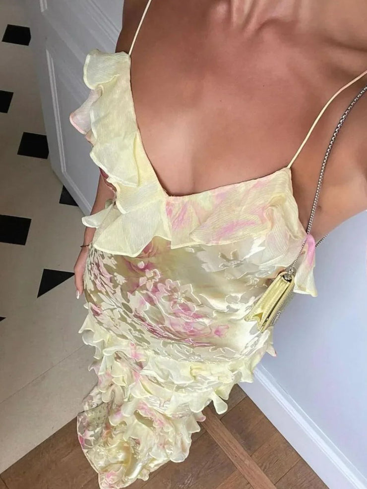 Elegant spaghetti straps yellow prom dress with lace appliques cheap long mermaid prom gown C961