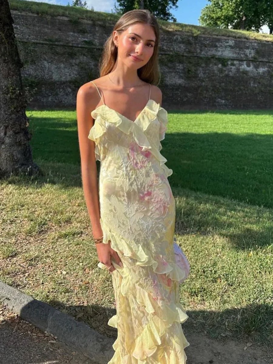 KissProm-Zaylee Yellow Spaghetti Straps Mermaid Long Prom Dress with Ruffles