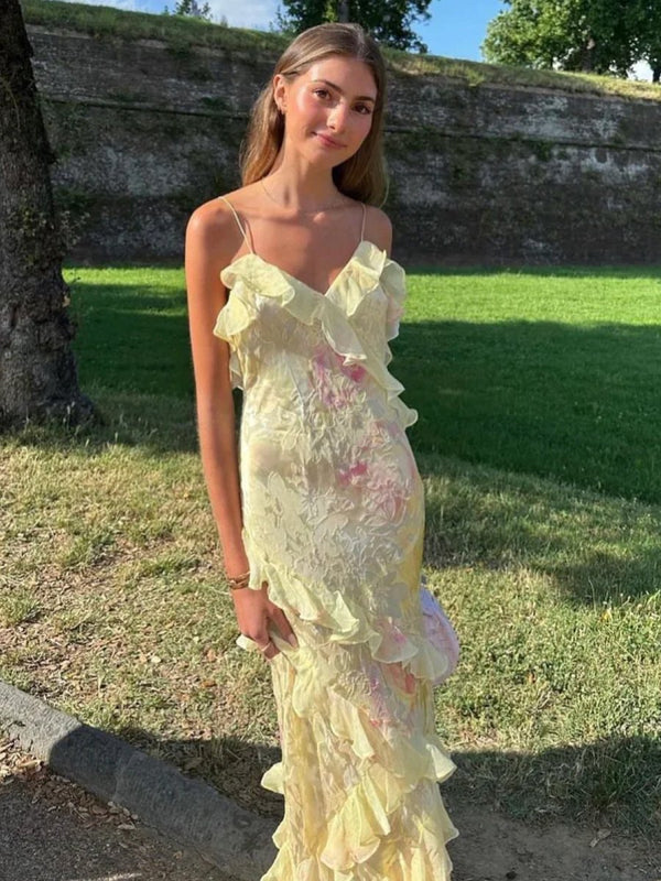 KissProm-Zaylee Yellow Spaghetti Straps Mermaid Long Prom Dress with Ruffles