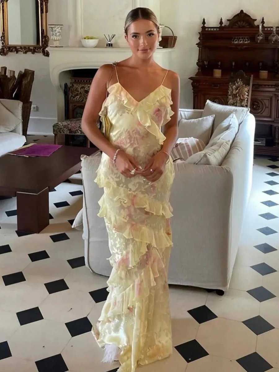 KissProm-Zaylee Yellow Spaghetti Straps Mermaid Long Prom Dress with Ruffles