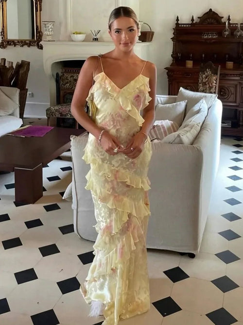 KissProm-Zaylee Yellow Spaghetti Straps Mermaid Long Prom Dress with Ruffles