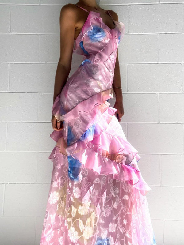 KissProm-Zaylee Pink Spaghetti Straps Mermaid Long Prom Dress with Ruffles