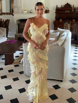 Yellow Spaghetti Straps Mermaid Long Prom Dress with Ruffles – Prom Dresses by KissProm | Available at KissProm