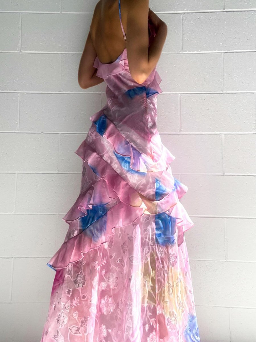 KissProm-Zaylee Pink Spaghetti Straps Mermaid Long Prom Dress with Ruffles