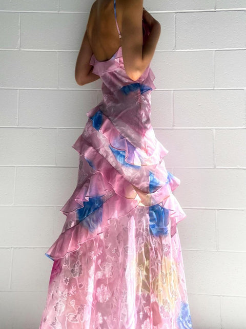 Yellow Spaghetti Straps Mermaid Long Prom Dress with Ruffles