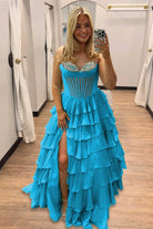 Zeren | Azure - Strapless A Line Chiffon Ruffled Formal Prom Dresses With Beading - KissProm