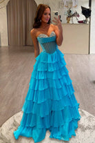 Zeren | Azure - Strapless A Line Chiffon Ruffled Formal Prom Dresses With Beading - KissProm