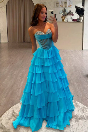 Zeren | Azure - Strapless A Line Chiffon Ruffled Formal Prom Dresses With Beading - KissProm