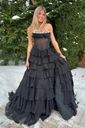 Zeren| Black - Strapless A Line Chiffon Ruffled Formal Prom Dresses With Beading - KissProm