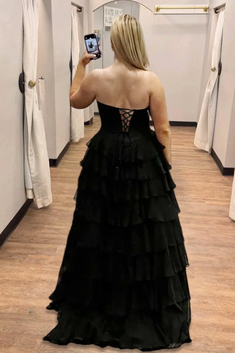 Zeren | Black - Strapless A Line Chiffon Ruffled Formal Prom Dresses With Beading - KissProm
