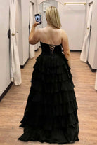 Zeren | Black - Strapless A Line Chiffon Ruffled Formal Prom Dresses With Beading - KissProm