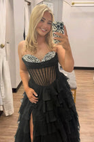 Zeren | Black - Strapless A Line Chiffon Ruffled Formal Prom Dresses With Beading - KissProm