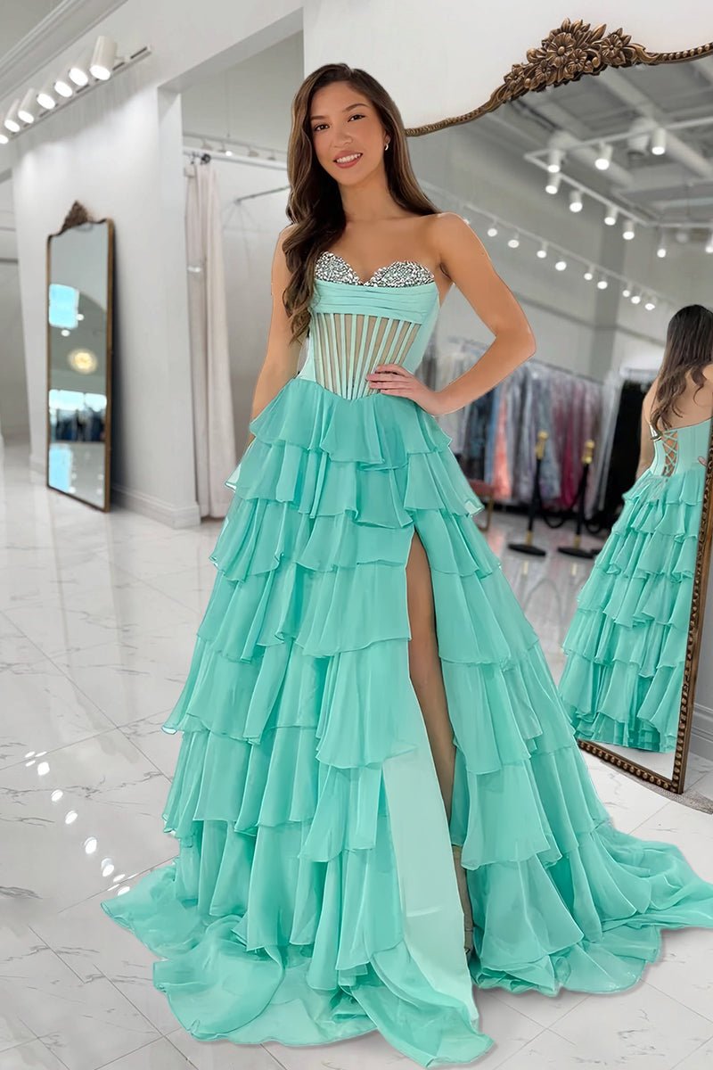 Zeren| Sage - Strapless A Line Chiffon Ruffled Formal Prom Dresses With Beading - KissProm