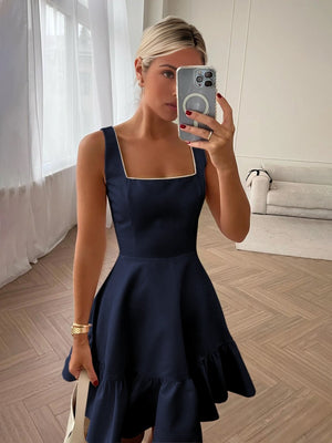 Zinovia | White - A Line Satin Square Neck Ruffles Short Homecoming Dresses