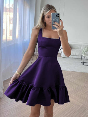 Zinovia | White - A Line Satin Square Neck Ruffles Short Homecoming Dresses