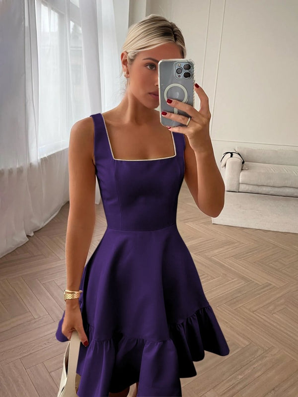 Zinovia | White - A Line Satin Square Neck Ruffles Short Homecoming Dresses