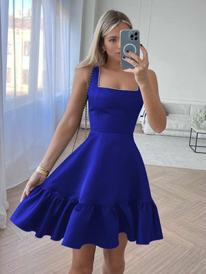Zinovia | White - A Line Satin Square Neck Ruffles Short Homecoming Dresses