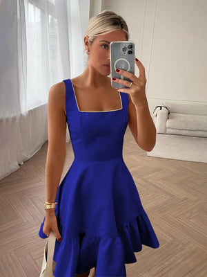 Zinovia | White - A Line Satin Square Neck Ruffles Short Homecoming Dresses