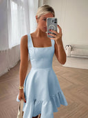 Zinovia | White - A Line Satin Square Neck Ruffles Short Homecoming Dresses