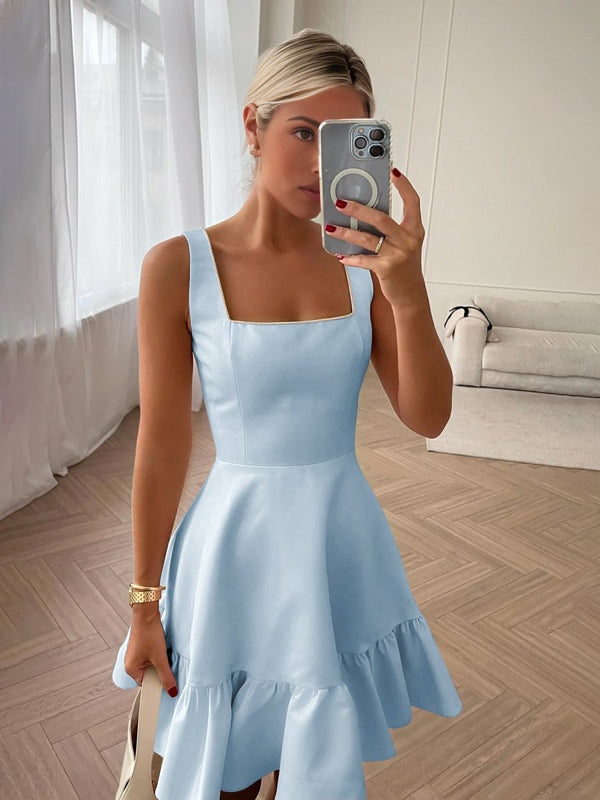 Zinovia | White - A Line Satin Square Neck Ruffles Short Homecoming Dresses