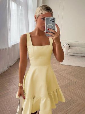 Zinovia | White - A Line Satin Square Neck Ruffles Short Homecoming Dresses