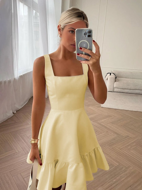 Zinovia | White - A Line Satin Square Neck Ruffles Short Homecoming Dresses
