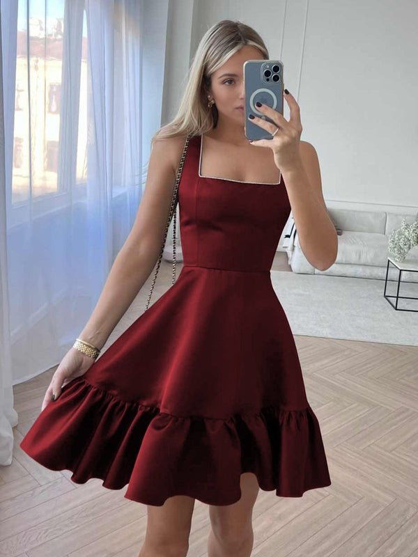 Zinovia | White - A Line Satin Square Neck Ruffles Short Homecoming Dresses