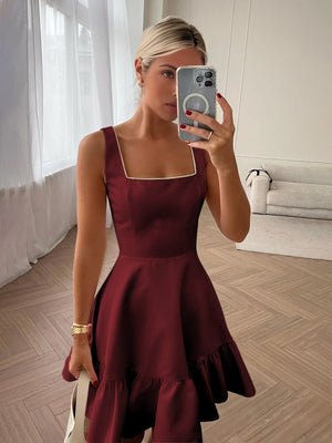 Zinovia | White - A Line Satin Square Neck Ruffles Short Homecoming Dresses