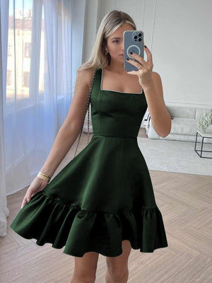 Zinovia | White - A Line Satin Square Neck Ruffles Short Homecoming Dresses
