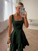 Zinovia | White - A Line Satin Square Neck Ruffles Short Homecoming Dresses