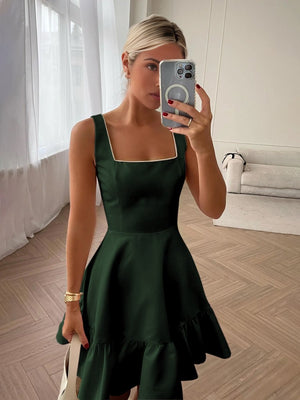 Zinovia | White - A Line Satin Square Neck Ruffles Short Homecoming Dresses