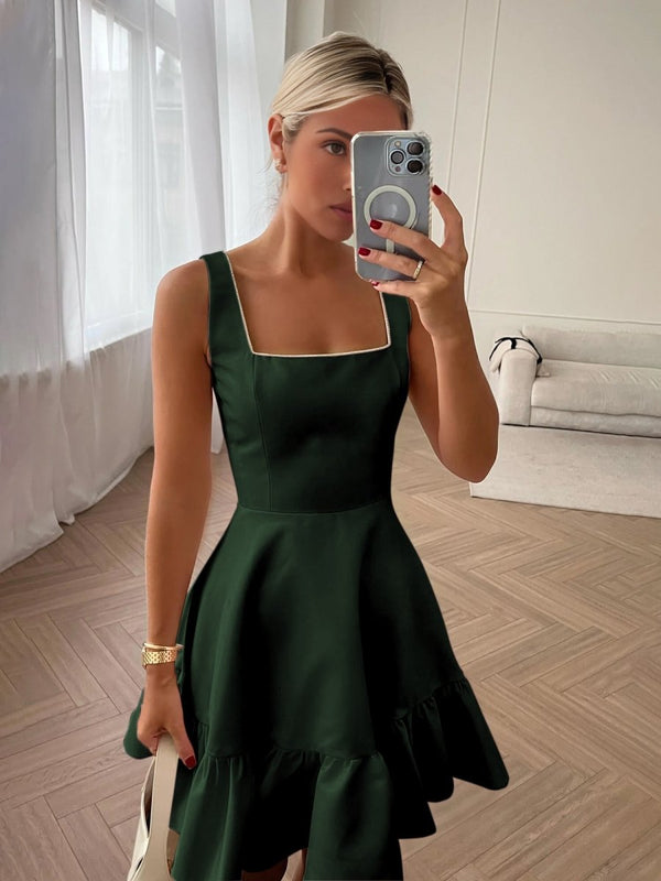 Zinovia | White - A Line Satin Square Neck Ruffles Short Homecoming Dresses