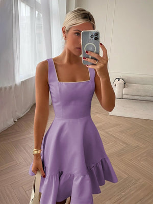 Zinovia | White - A Line Satin Square Neck Ruffles Short Homecoming Dresses