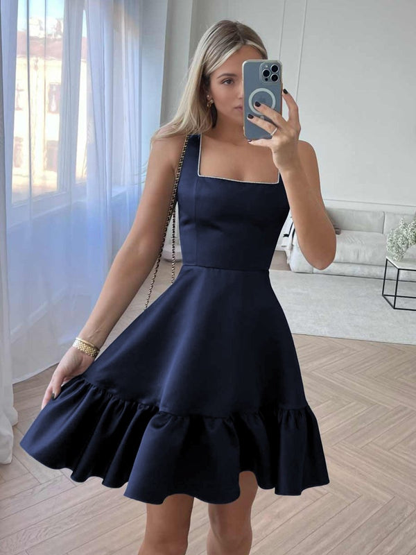 Zinovia | White - A Line Satin Square Neck Ruffles Short Homecoming Dresses