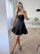 Zinovia | Black - A Line Satin Square Neck Ruffles Short Homecoming Dresses