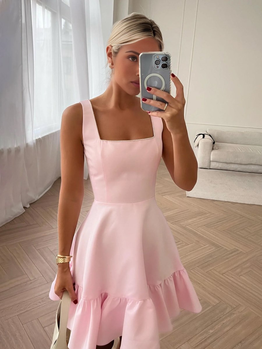 Zinovia | Pink - A Line Satin Square Neck Ruffles Short Homecoming Dresses