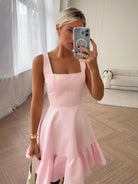 Zinovia | Pink - A Line Satin Square Neck Ruffles Short Homecoming Dresses