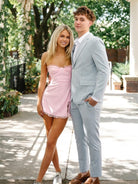 Ziri | Pink - A Line Strapless Satin Cocktail Dress with Slit