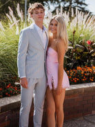 Ziri | Pink - A Line Strapless Satin Cocktail Dress with Slit